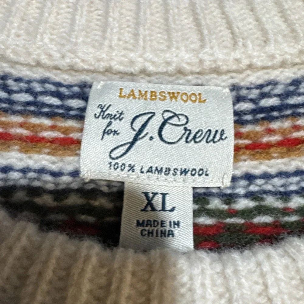 J Crew Sweater Men's XL Beige 100% Lambswool Fair Isle Yoked Crewneck Pullover - Picture 8 of 13